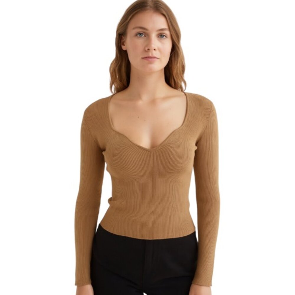 & Other Stories Medium Sweetheart Neck Rib Long Sleeve Top